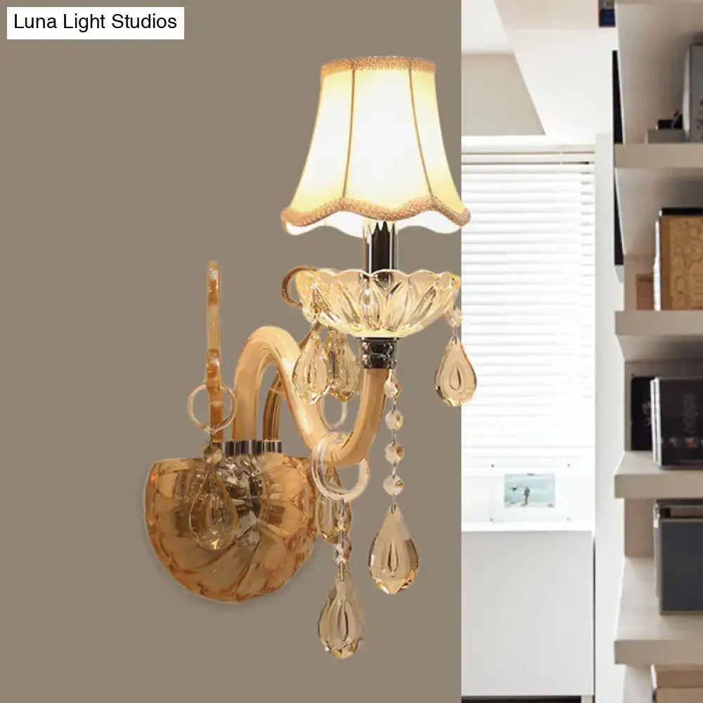 Traditional gold crystal wall sconce with fabric shade bedroom light
