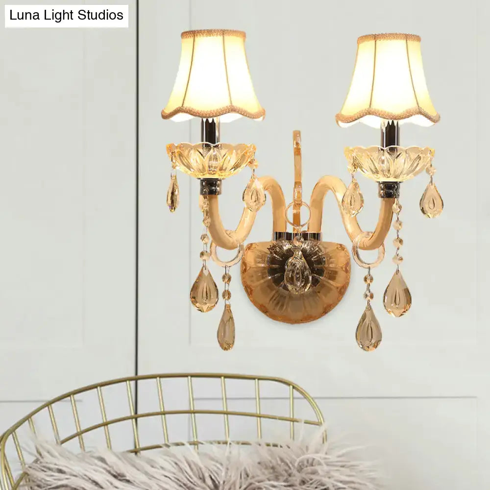 Traditional gold crystal wall sconce with fabric shade bedroom light