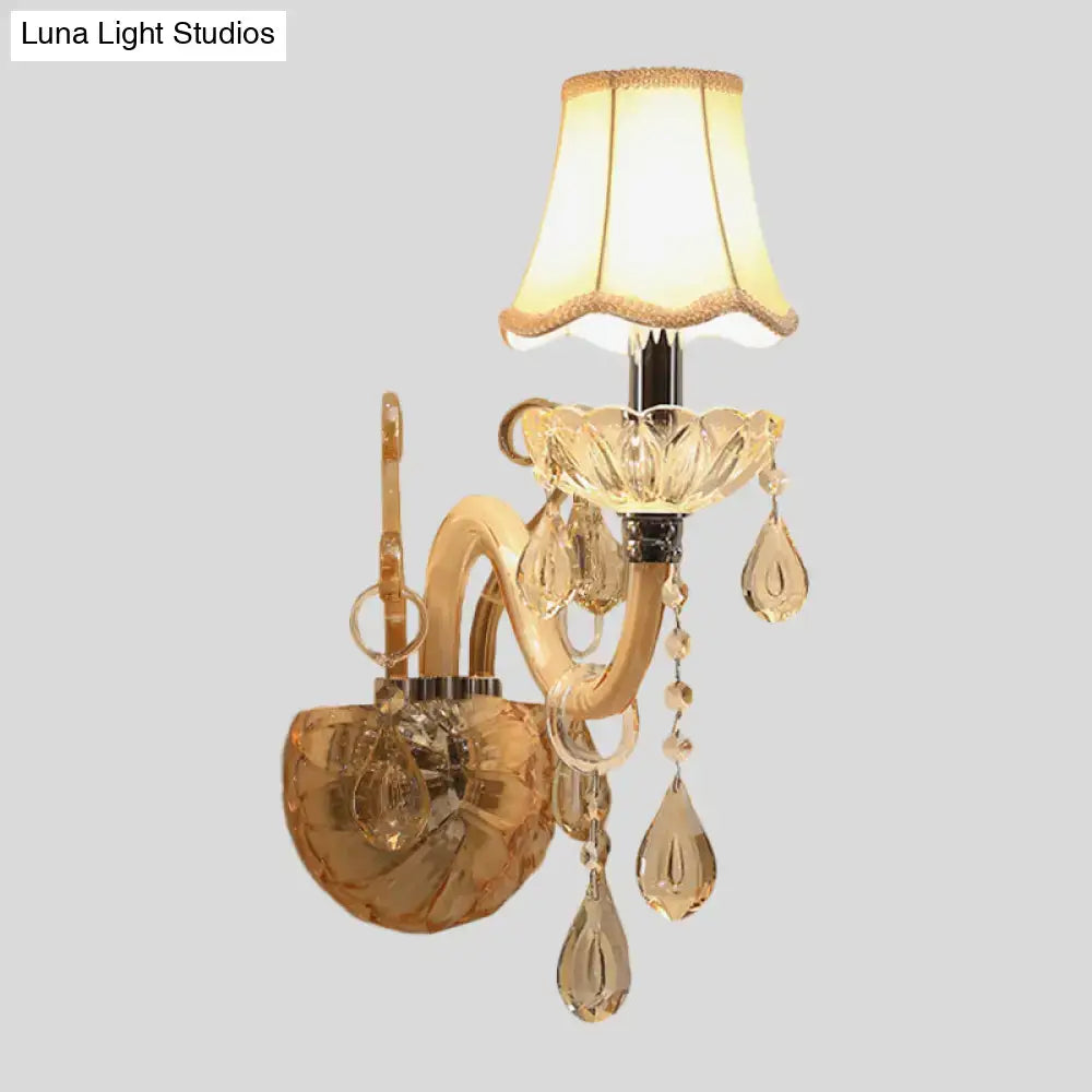 Traditional gold crystal wall sconce with fabric shade bedroom light