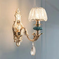 Traditional seedy crystal gold & teal drum wall mount bedroom sconce