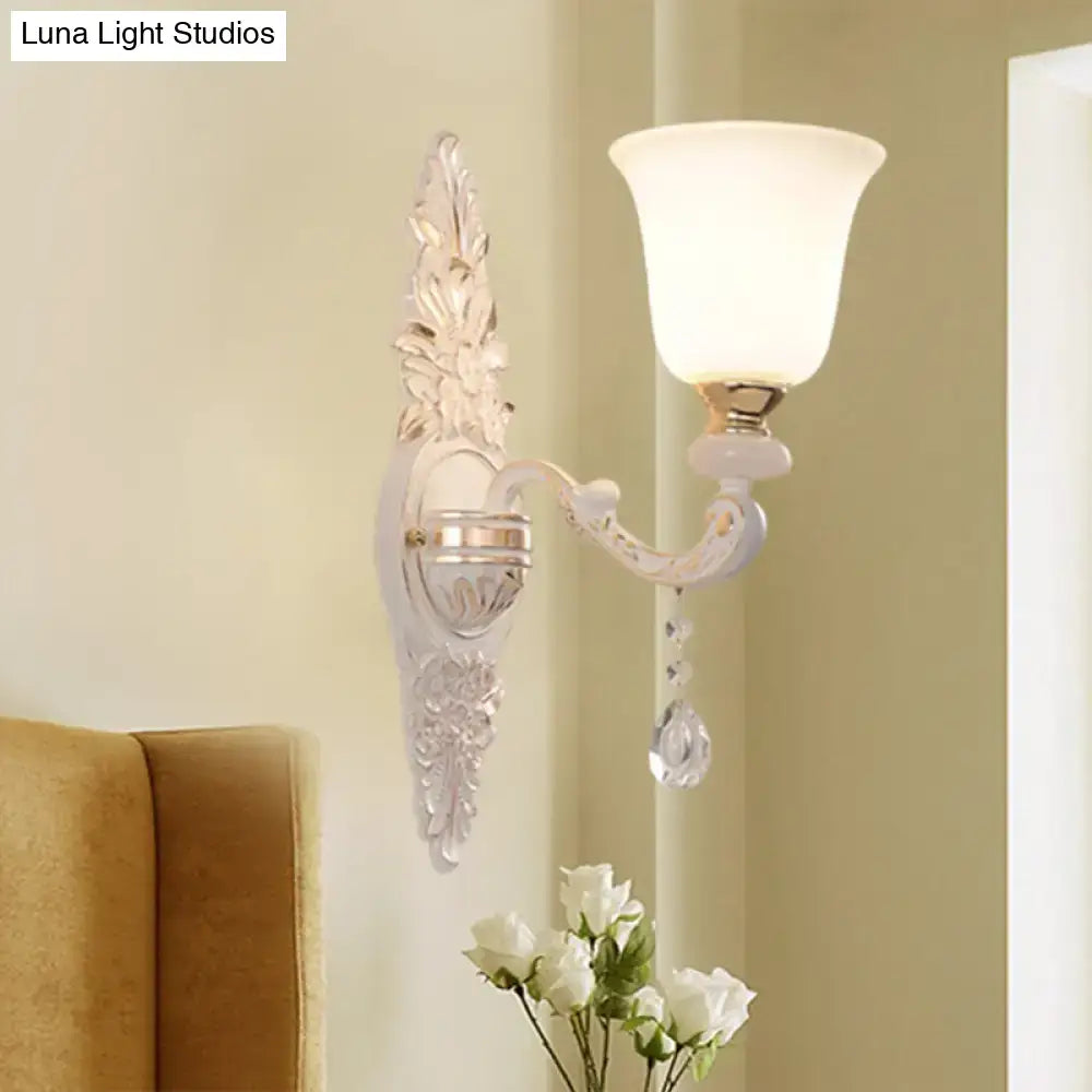 Traditional white glass wall lamp with crystal – bedroom sconce