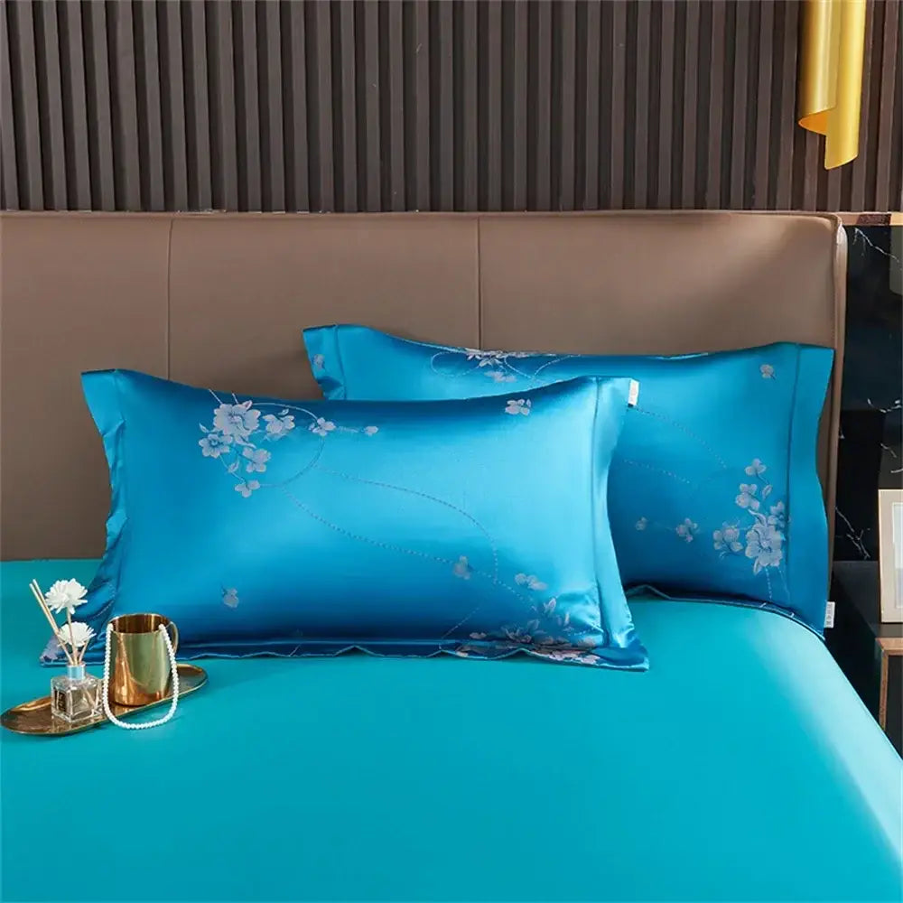 Turquoise blue satin jacquard embroidery bedding set for bedroom