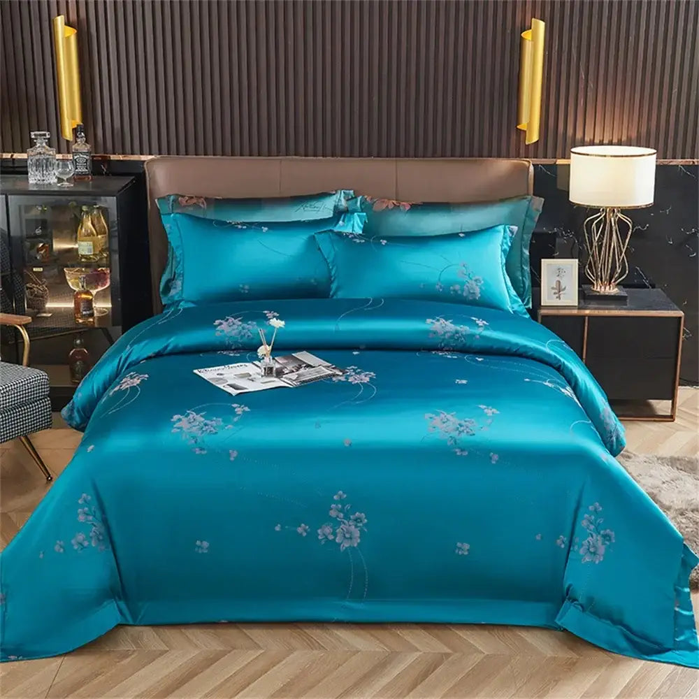 Turquoise blue satin jacquard embroidery bedding set for bedroom