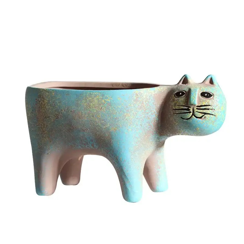 Turquoise ceramic cat succulent plant pot living room decor