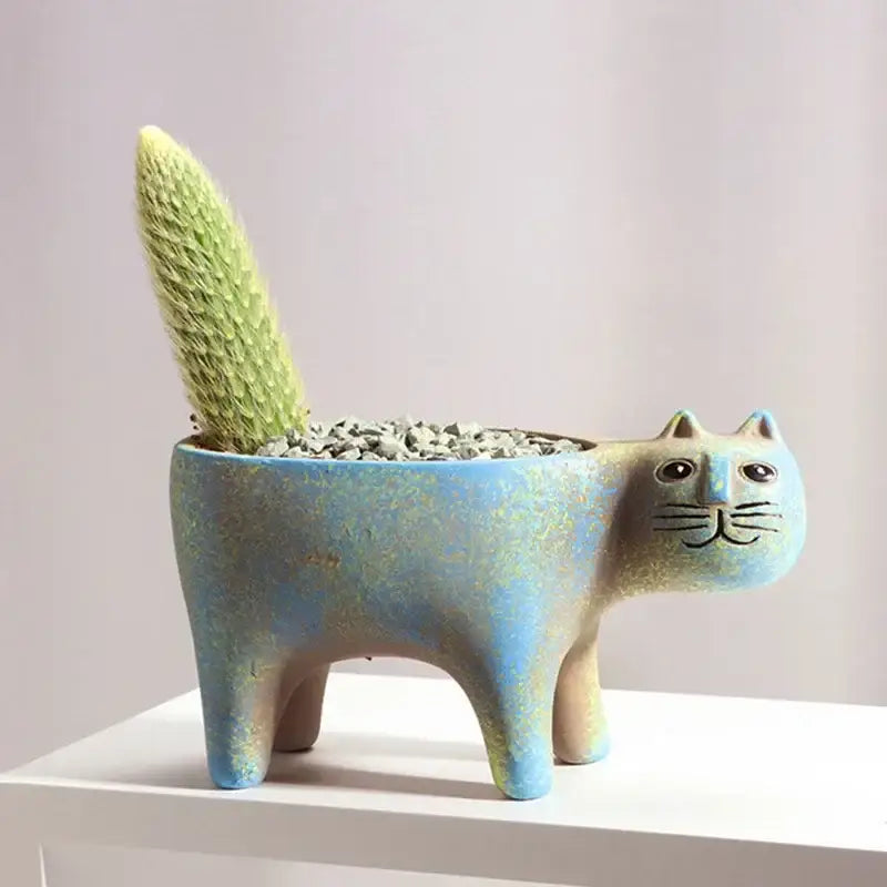 Turquoise ceramic cat succulent plant pot living room decor