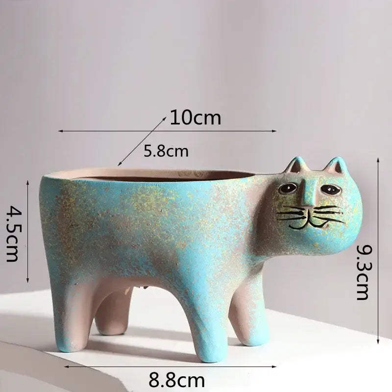 Turquoise ceramic cat succulent plant pot living room decor