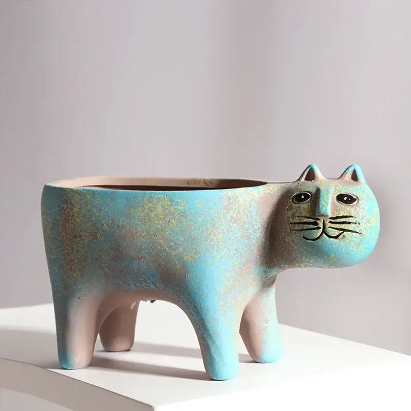 Turquoise ceramic cat succulent plant pot living room decor
