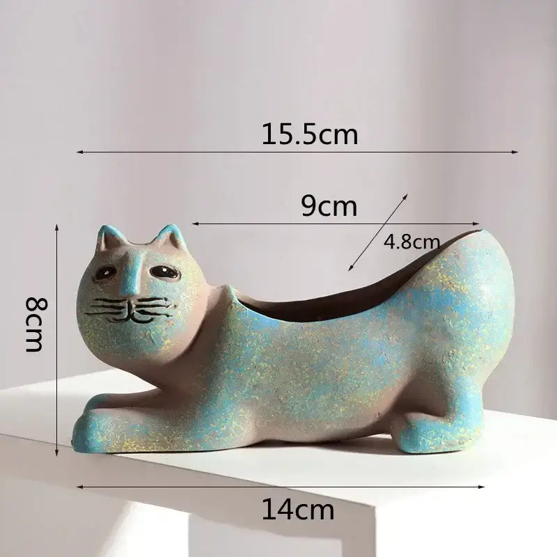 Turquoise ceramic cat succulent plant pot living room decor
