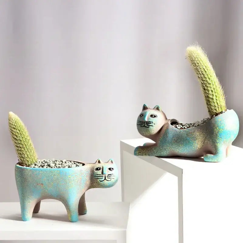 Turquoise ceramic cat succulent plant pot living room decor