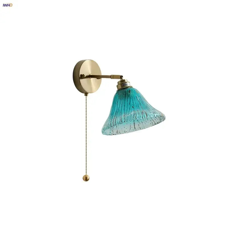 Turquoise textured blue glass wall sconce for staircase with pull chain