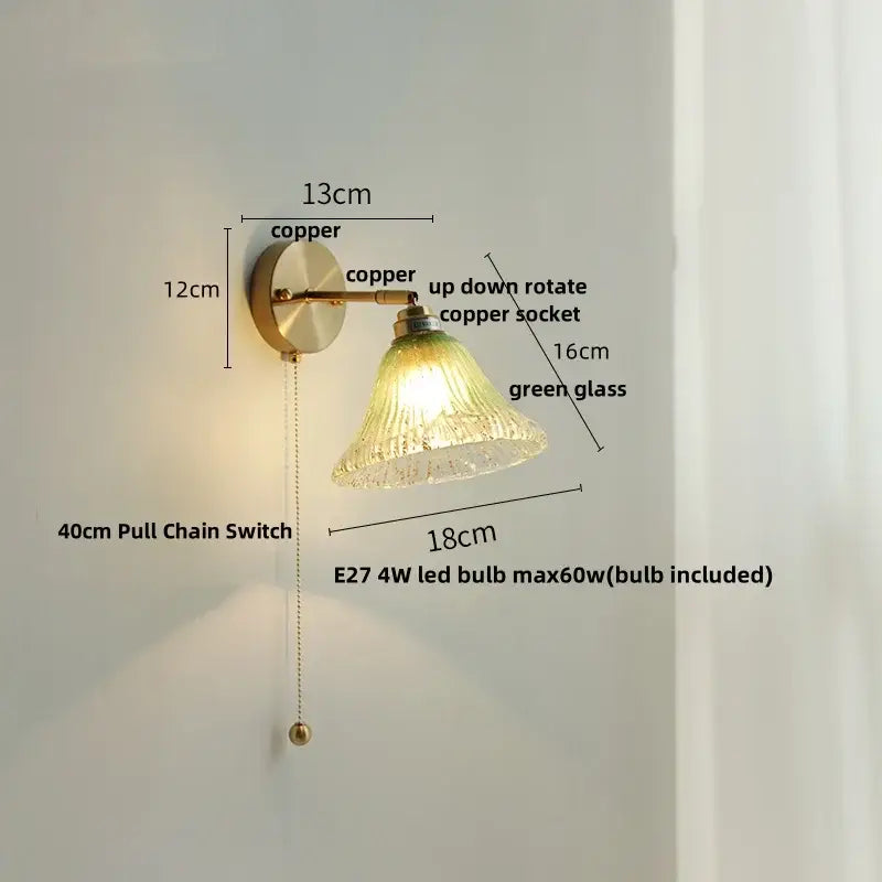 Turquoise textured blue glass wall sconce for staircase with pull chain