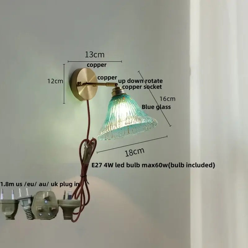 Turquoise textured blue glass wall sconce for staircase with pull chain
