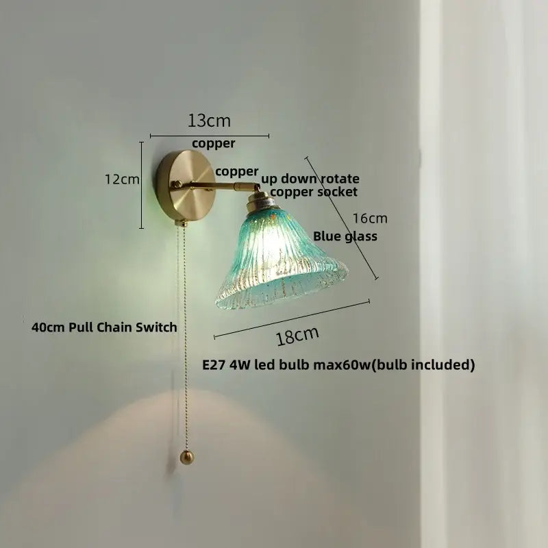 Turquoise textured blue glass wall sconce for staircase with pull chain