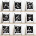Nine framed black and white ufc canvas prints featuring fighters in their prime with bold white ufc text for gym decor