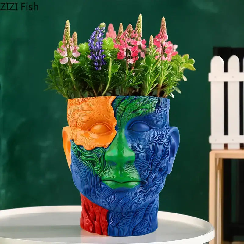 Vibrant human portrait resin vase with artificial flowers living room