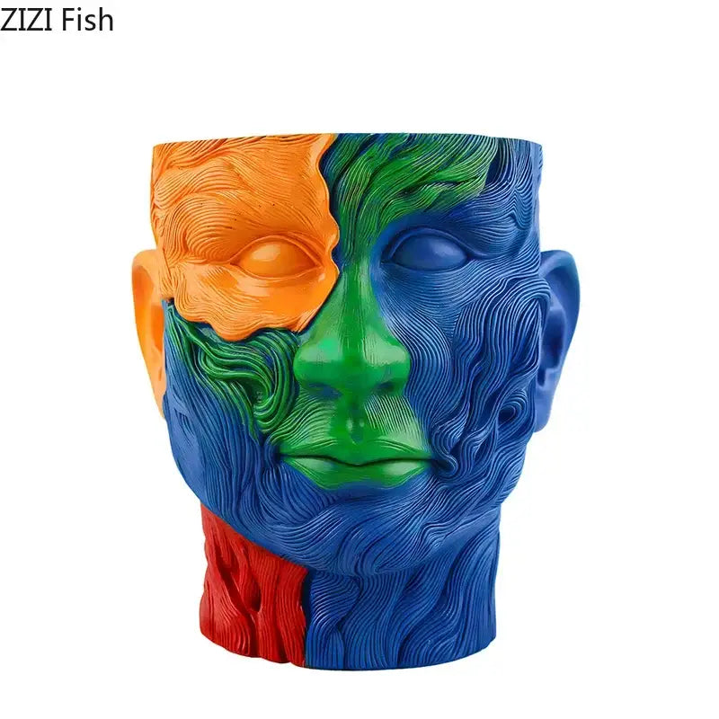 Vibrant human portrait resin vase with artificial flowers living room