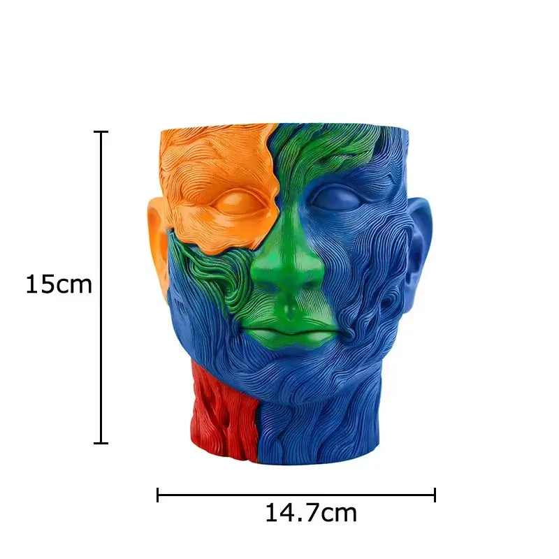 Vibrant human portrait resin vase with artificial flowers living room