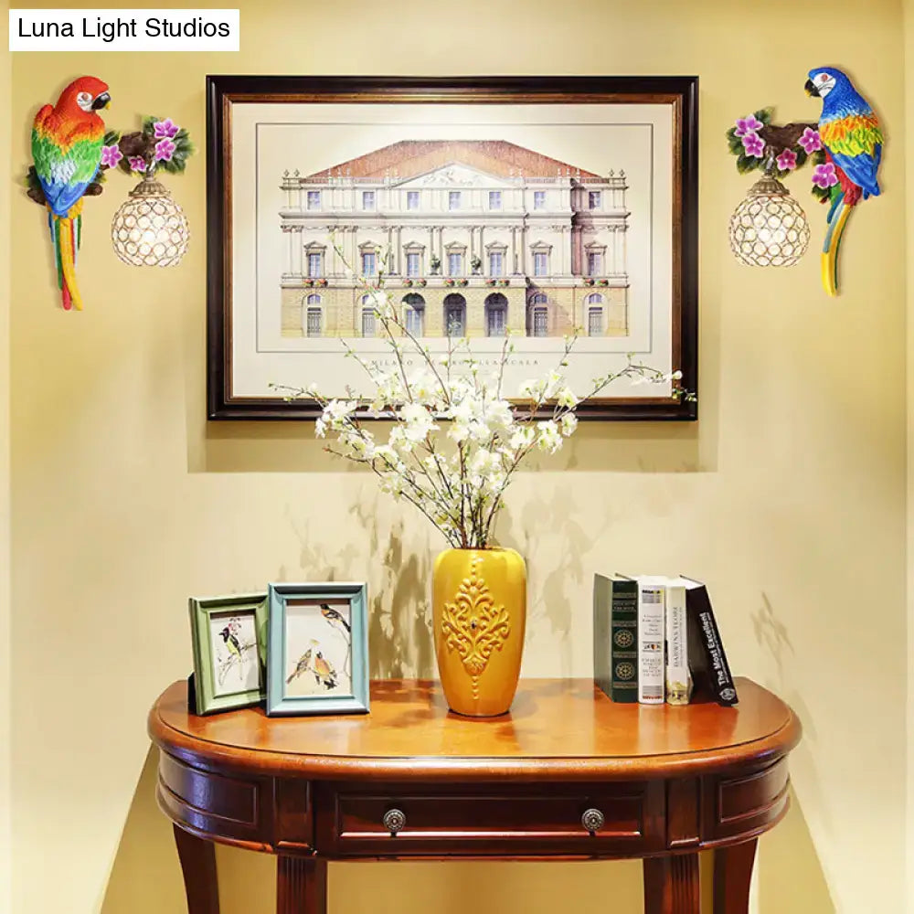 Vibrant parrot wall sconce with crystal lampshade bedroom led light