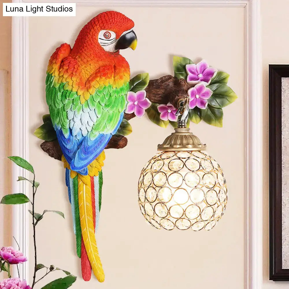 Vibrant parrot wall sconce with crystal lampshade bedroom led light