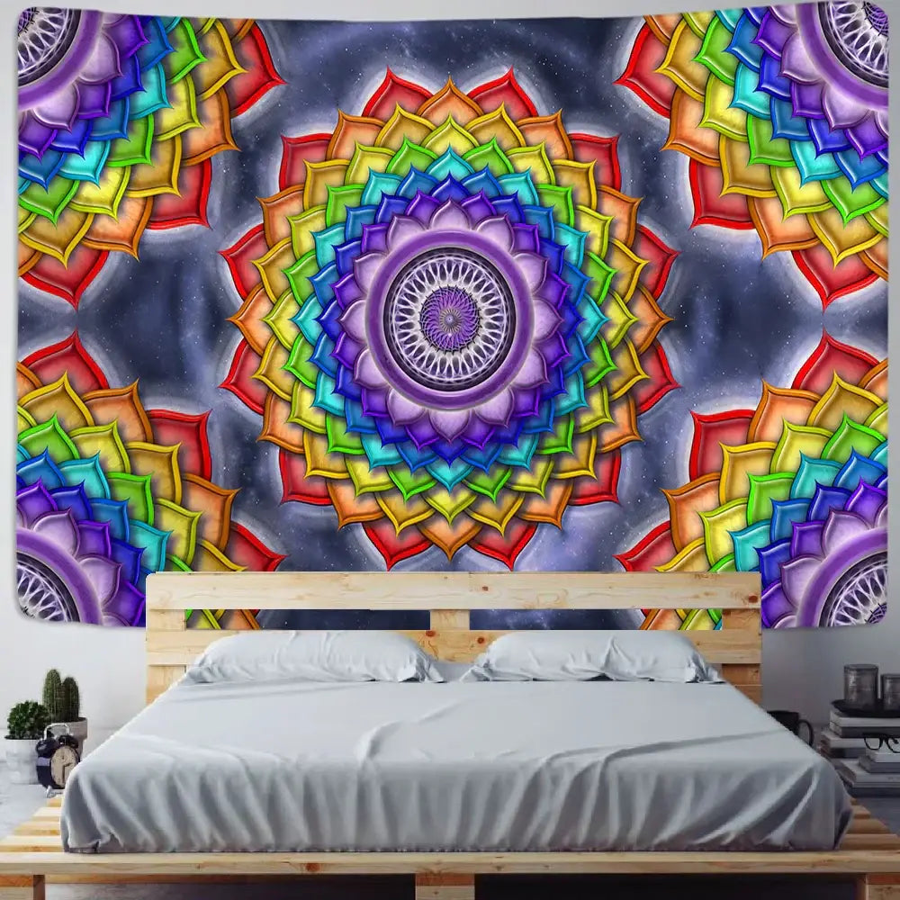 Vibrant pink and purple mandala chakra tapestry bedroom wall decor