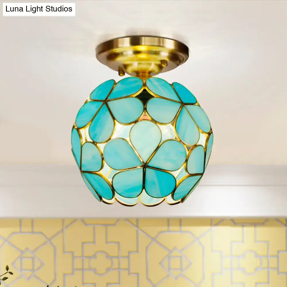 Victorian turquoise stained glass flower ceiling fixture bedroom light