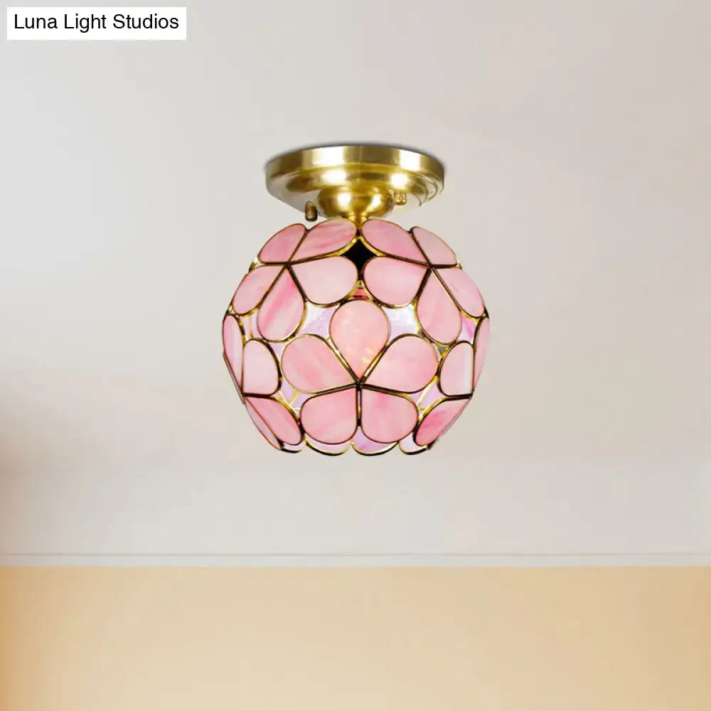 Victorian turquoise stained glass flower ceiling fixture bedroom light