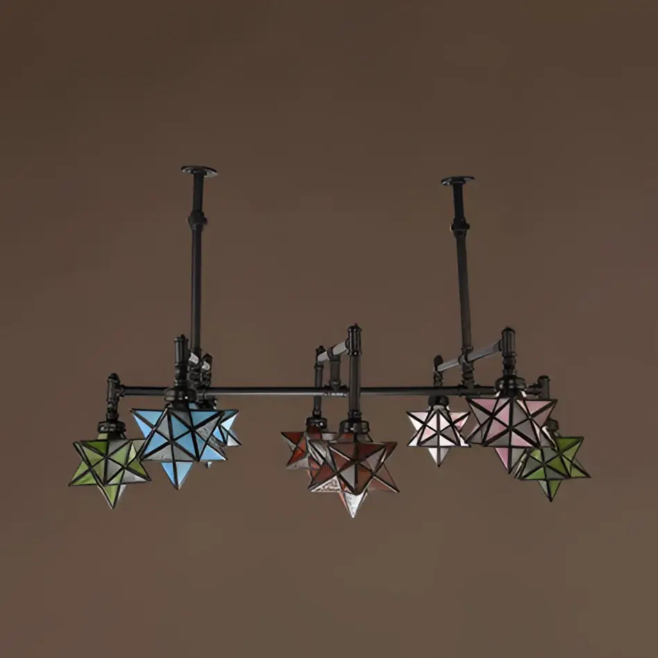 Vintage amber and teal stained glass star chandelier dining room