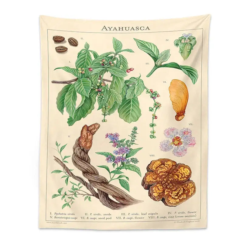 Vintage beige ayahuasca botanical tapestry bedroom wall hanging