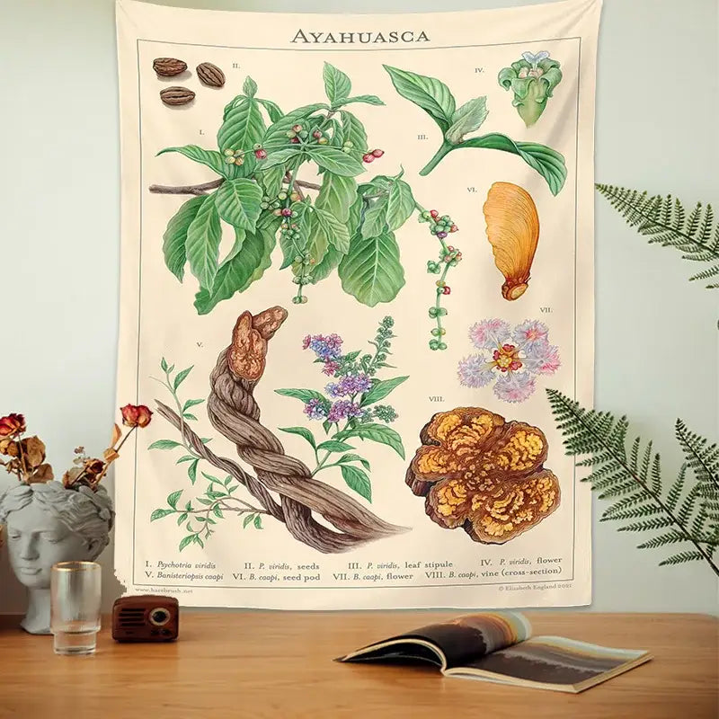 Vintage beige ayahuasca botanical tapestry bedroom wall hanging