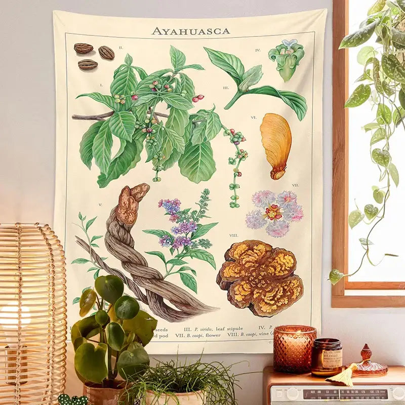Vintage beige ayahuasca botanical tapestry bedroom wall hanging