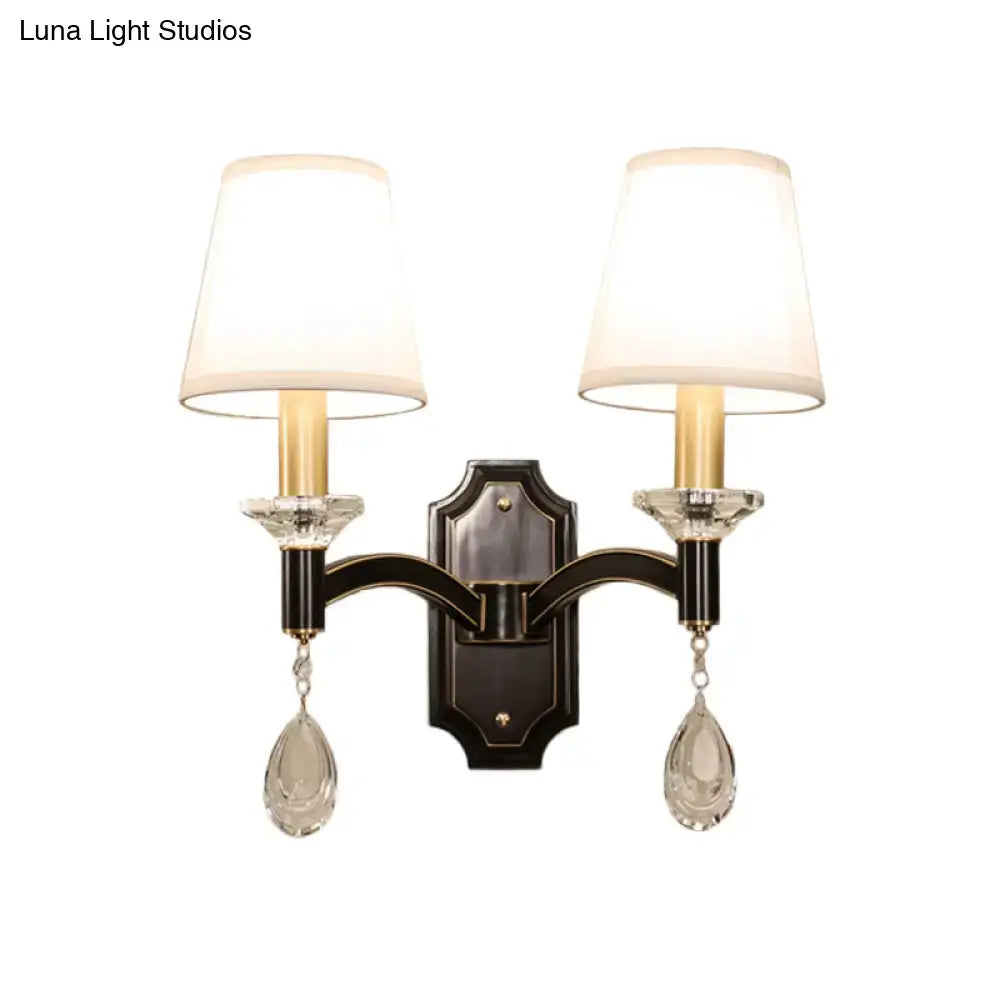 Vintage black metal wall lamp with cut crystal teardrop bedroom sconce