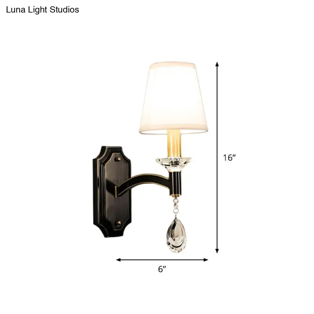 Vintage black metal wall lamp with cut crystal teardrop bedroom sconce