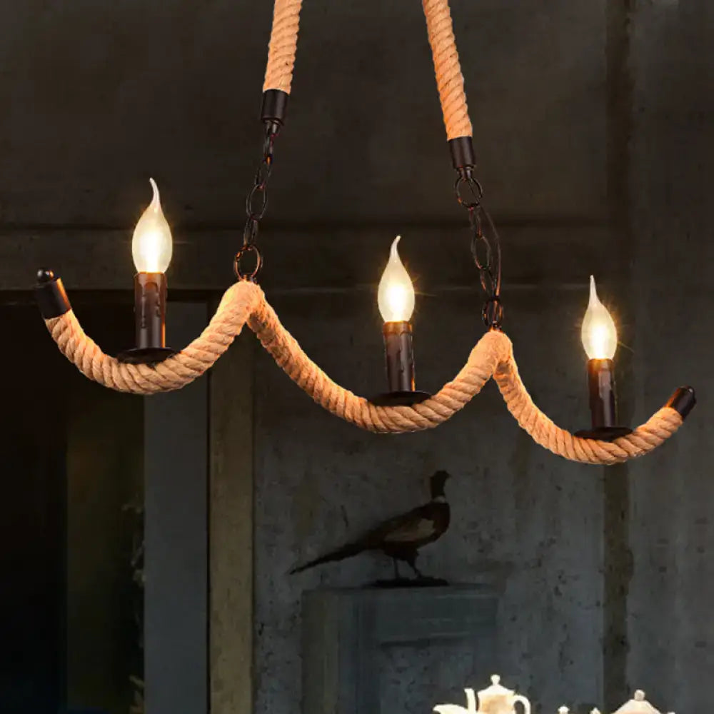 Vintage black rope pendant light – dining room 3-light candle lamp