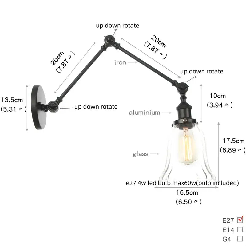 Vintage black swing arm wall lamp bedroom sconce with glass shade