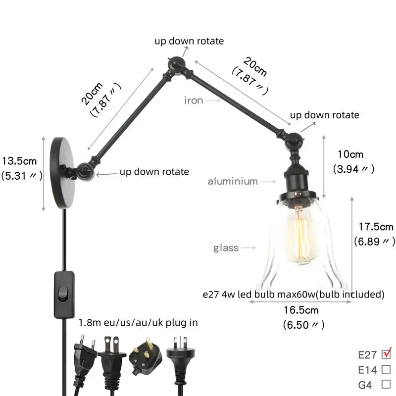 Vintage black swing arm wall lamp bedroom sconce with glass shade