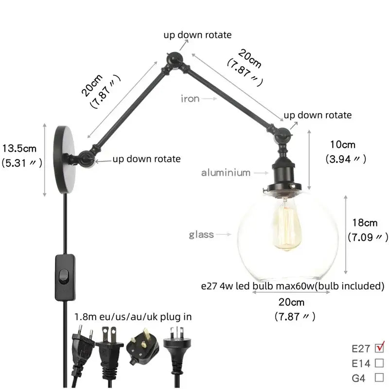 Vintage black swing arm wall lamp bedroom sconce with glass shade