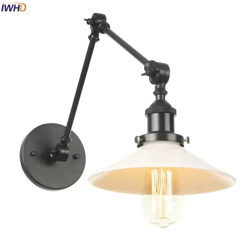 Vintage black swing arm wall lamp bedroom sconce with glass shade