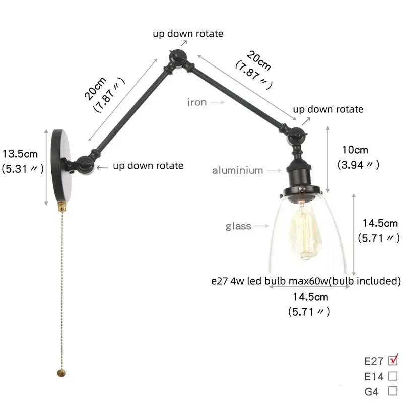 Vintage black swing arm wall lamp bedroom sconce with glass shade