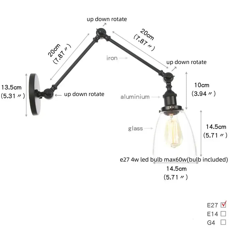 Vintage black swing arm wall lamp bedroom sconce with glass shade