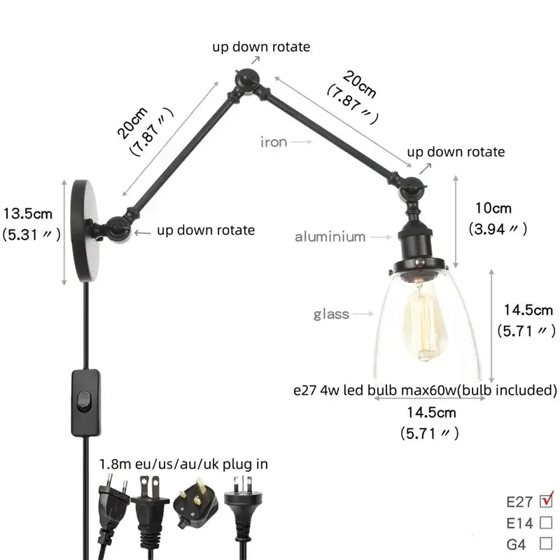 Vintage black swing arm wall lamp bedroom sconce with glass shade