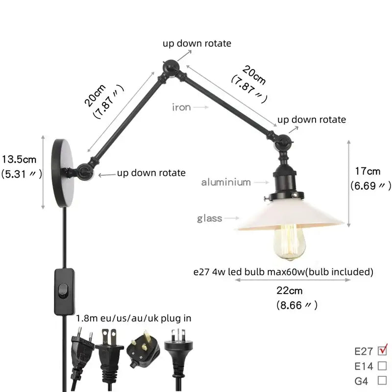 Vintage black swing arm wall lamp bedroom sconce with glass shade