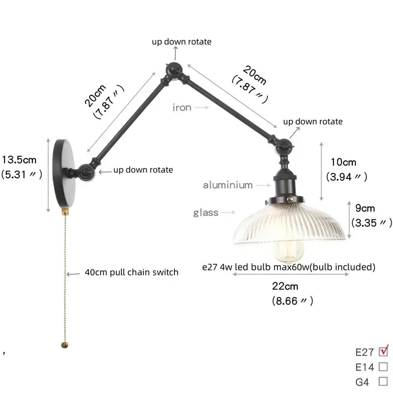 Vintage black swing arm wall lamp bedroom sconce with glass shade