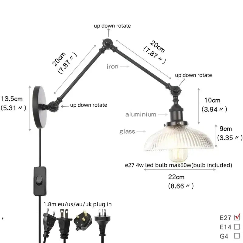Vintage black swing arm wall lamp bedroom sconce with glass shade