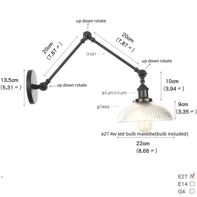 Vintage black swing arm wall lamp bedroom sconce with glass shade