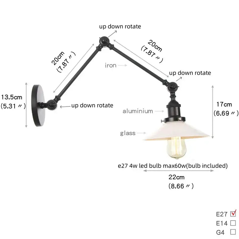 Vintage black swing arm wall lamp bedroom sconce with glass shade