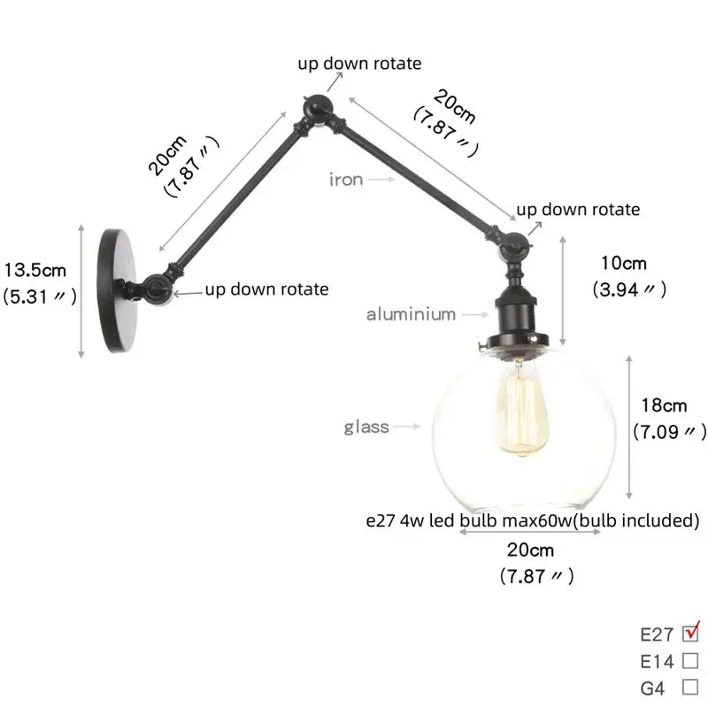 Vintage black swing arm wall lamp bedroom sconce with glass shade