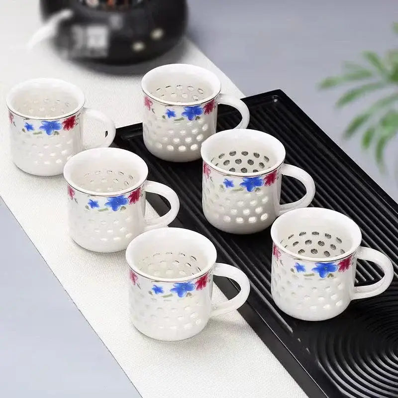 Vintage blue & white ceramic tea cup set dining room perforated bowl