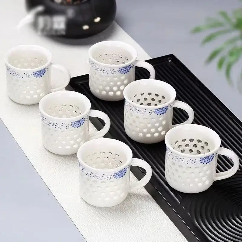 Vintage blue & white ceramic tea cup set dining room perforated bowl