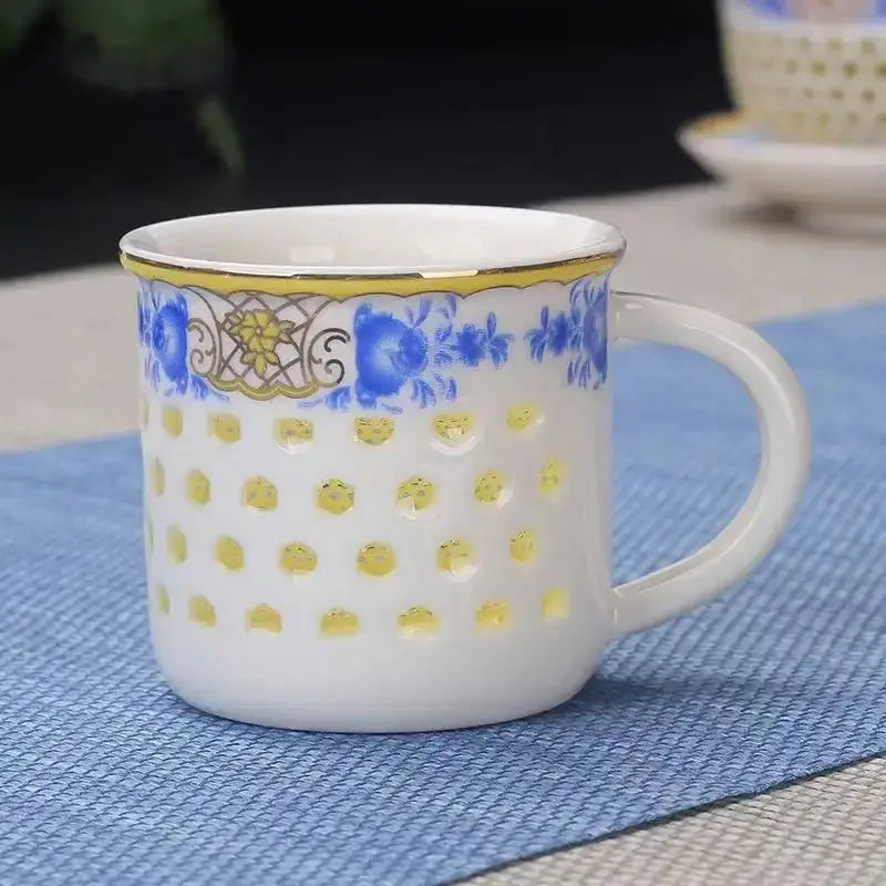 Vintage blue & white ceramic tea cup set dining room perforated bowl
