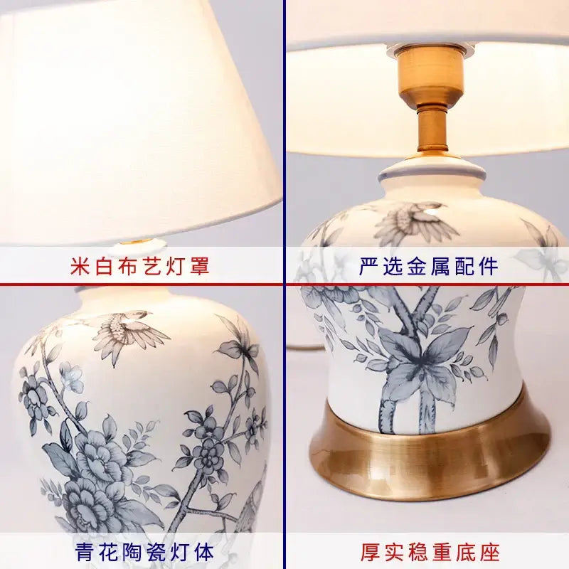 Vintage blue & white porcelain table lamp bedroom floral ceramic light